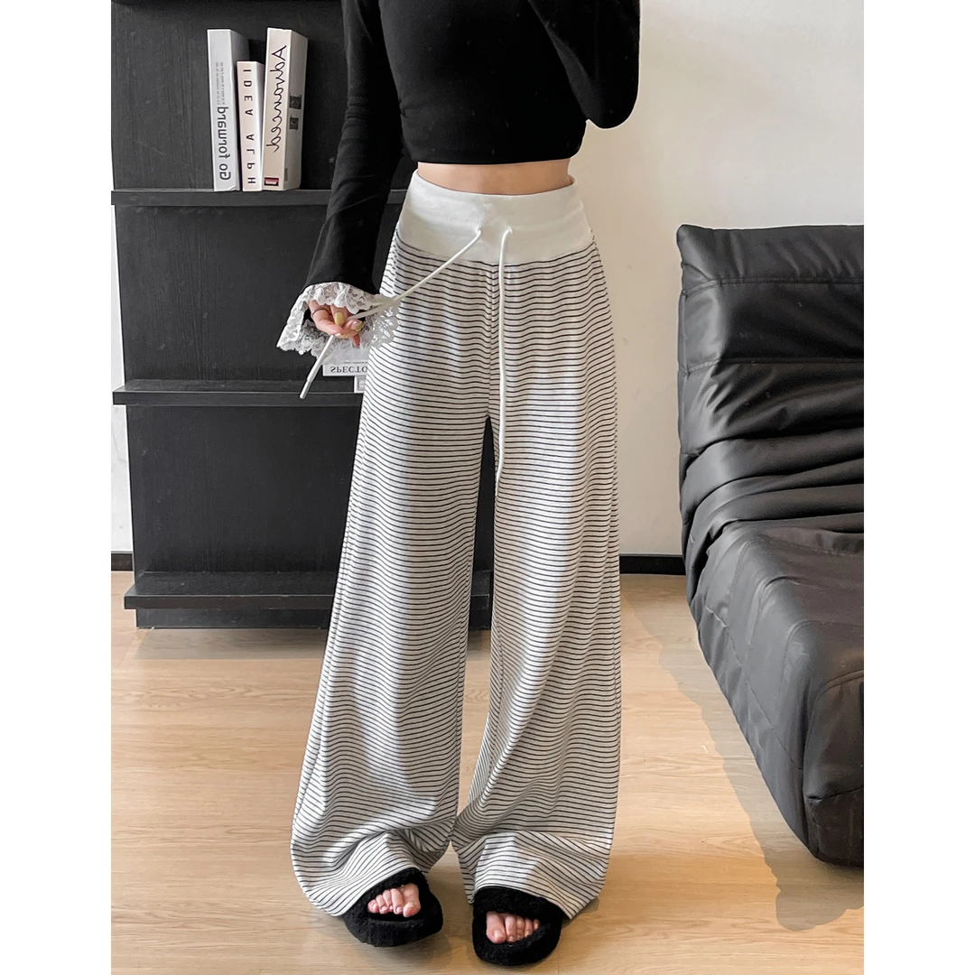 白色针织条纹阔腿裤女秋季松紧高腰显瘦宽松休闲垂感直筒拖地长裤