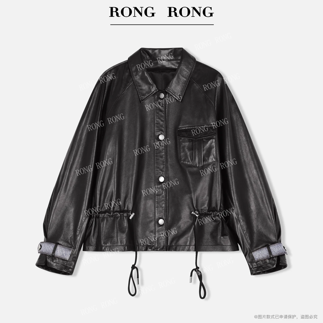 溶溶【暮光蓝海】RONGRONG 100绵羊皮拼接牛仔收腰皮衣外套68573