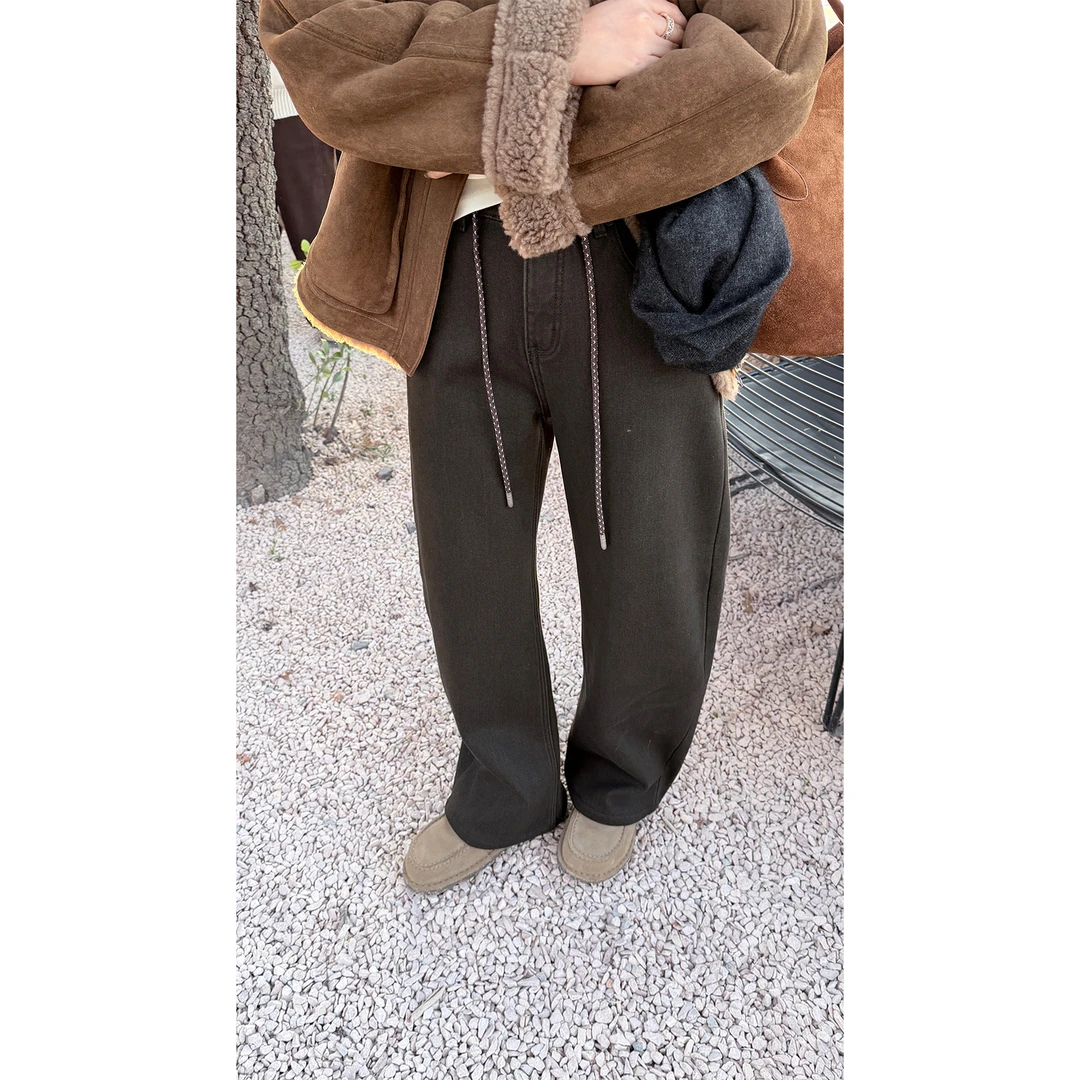 苏安家｜“热可可”温暖茶咖色加厚绒弹力牛仔裤拖地带弧度小香蕉裤