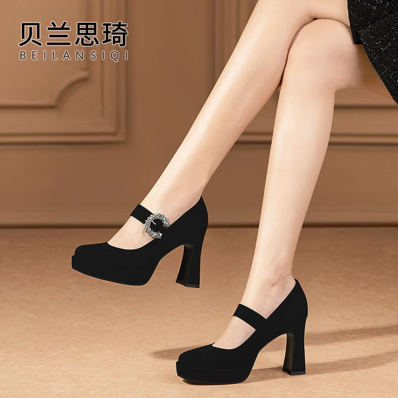 磨砂真皮水钻一字带厚底粗跟单鞋女2025春秋浅口防水台高跟鞋5796