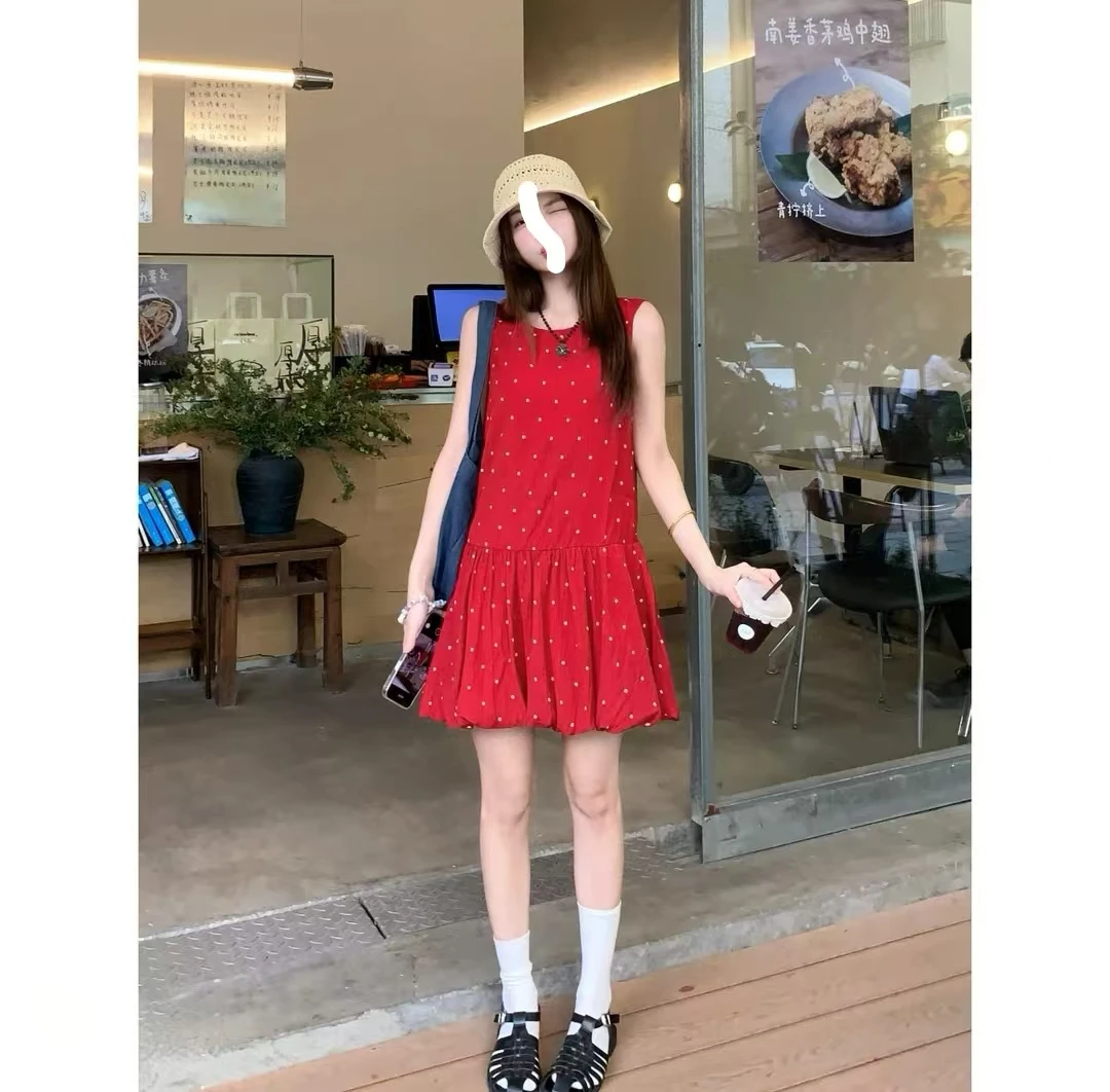 （C0630）复古红色小清新小花褶皱背心裙夏季圆领气质少女连衣裙