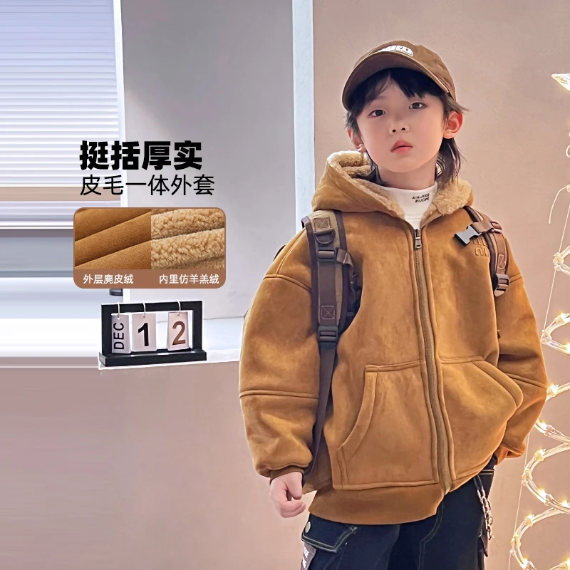 男童复古外套冬季儿童加绒保暖连帽夹克百搭外衣潮 4119682O4