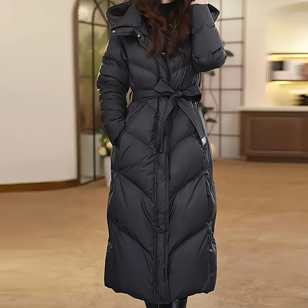 黑色中长款保暖系带羽绒服2024年冬季新款轻奢风修身鸭绒厚款外套