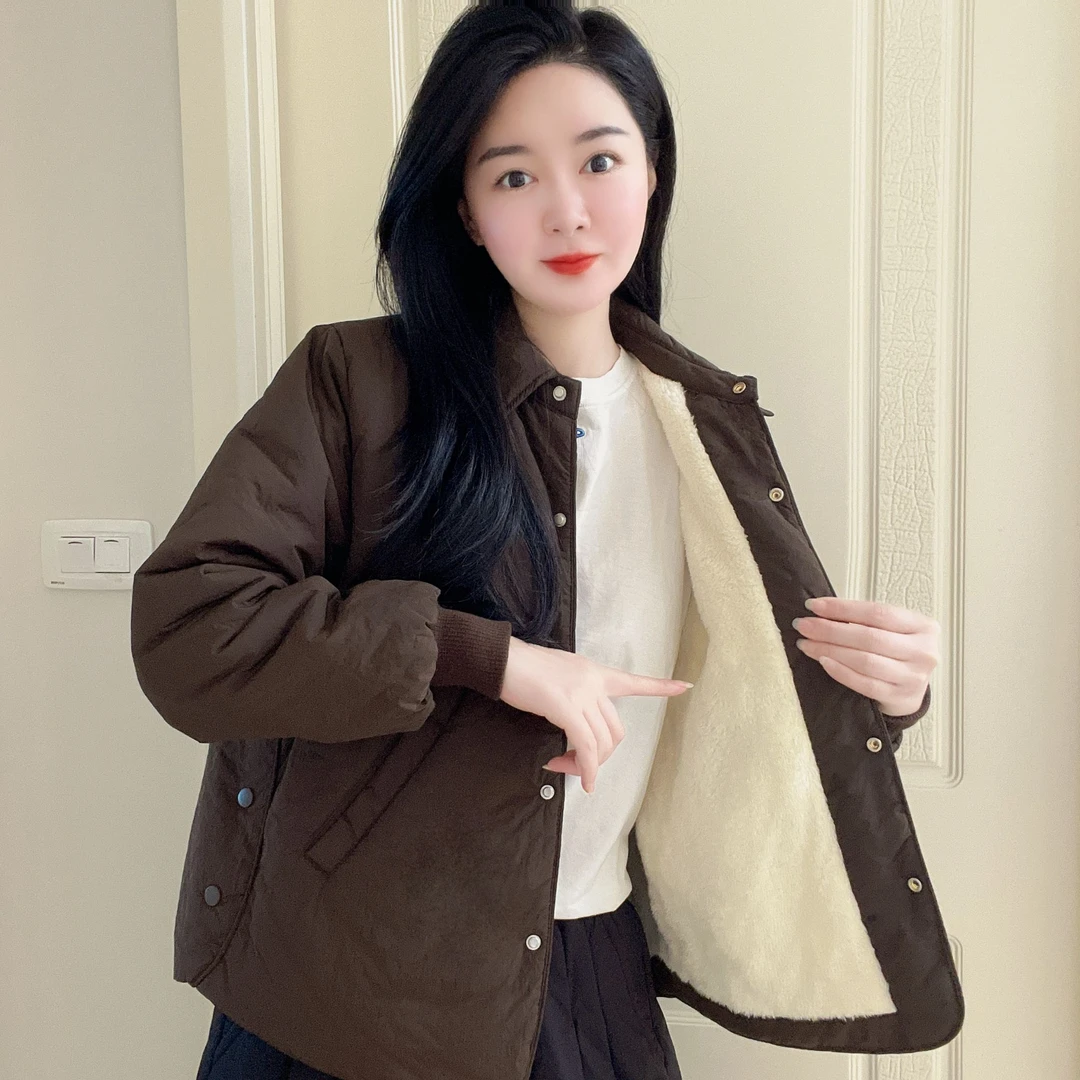 翻领加绒加厚休闲冬款保暖女纯色棉衣棉服常规款宽松型外套时尚