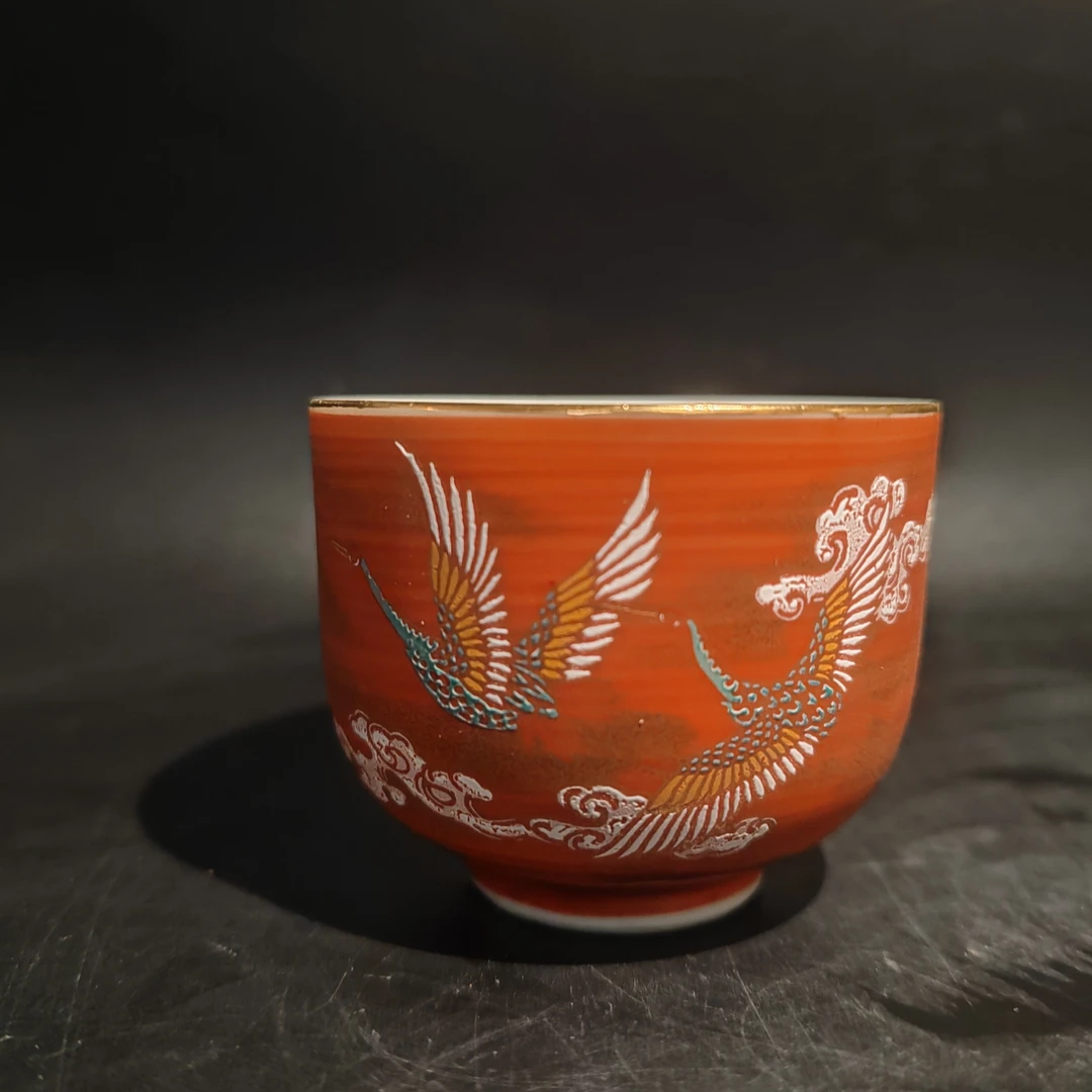 双鹤赤绘茶杯 底部无款 01/31主人杯纯手工陶瓷