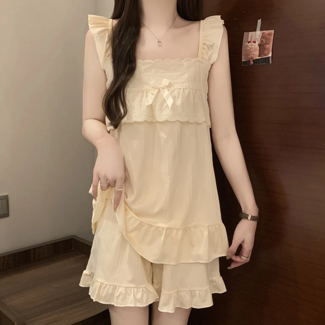 小飞袖吊带睡衣女士夏季2025新款甜美蝴蝶结花边短裤套装家居服天