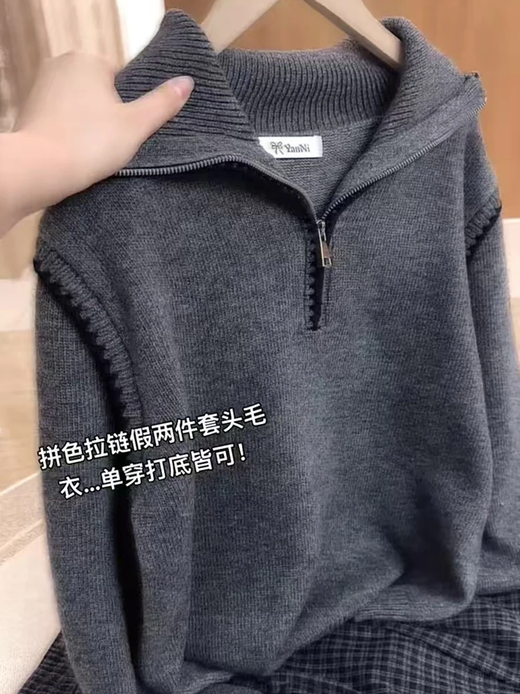 欧货极简半拉链针织衫女灰色翻领气质设计感显白舒适袖子拼接毛衣