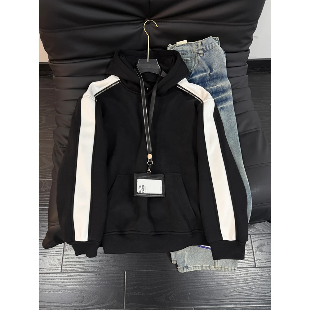 美式复古拼接卫衣男秋冬季加绒加厚设计感高级感外套情侣装连帽衫