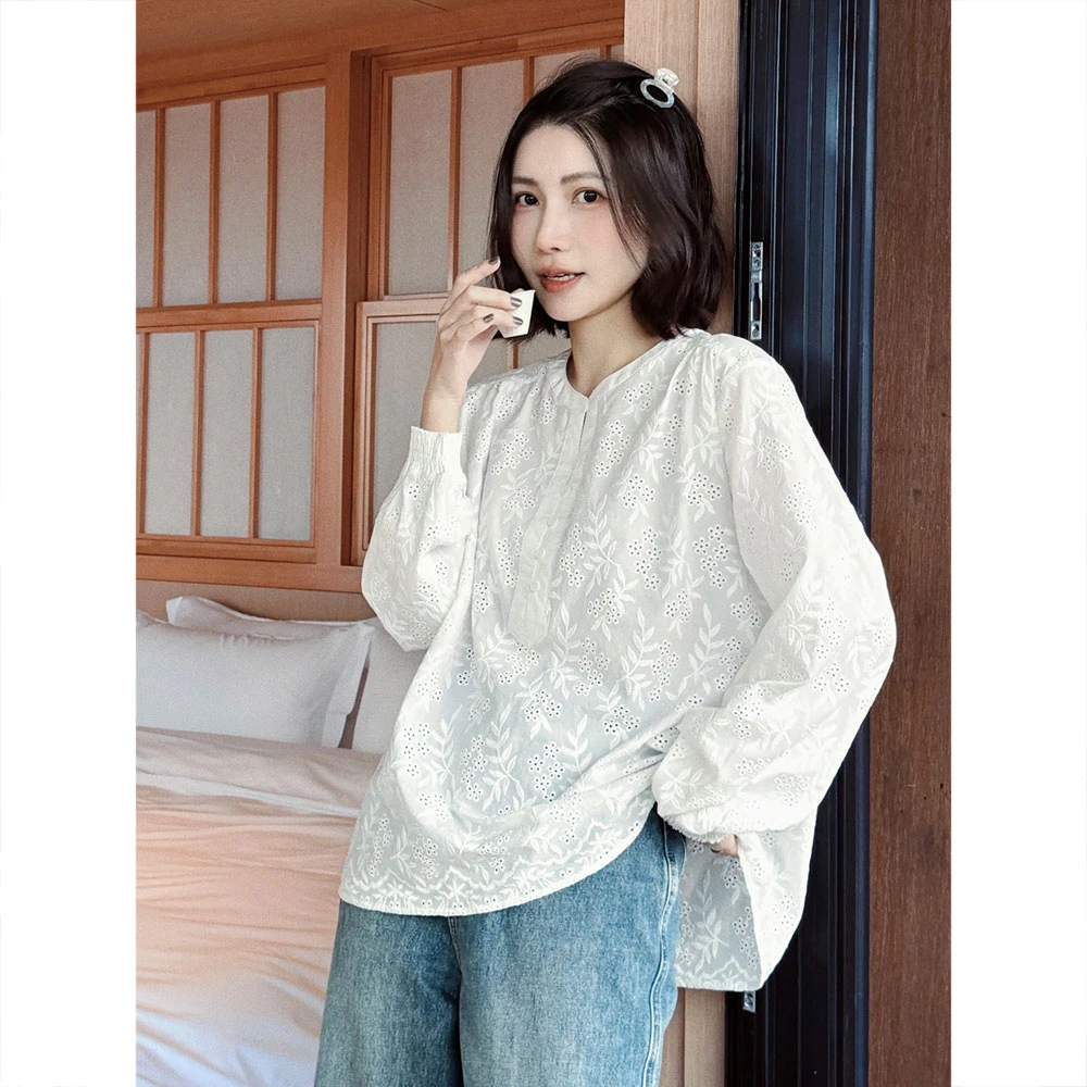 【MGDM】水洗棉重工镂空刺绣长袖上衣衬衫女2025秋DDJ25009