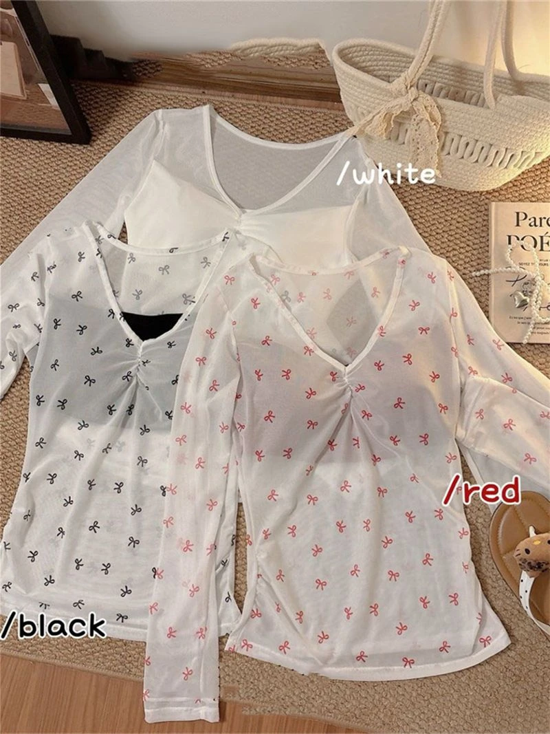 网纱防晒胸罩长袖T恤女长袖透气修身性感带胸垫打底上衣甜辣外穿