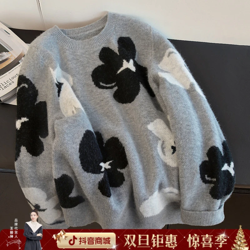 丝柏舍2025冬装新款女装文艺撞色花朵套头圆领毛衣S53K3027M