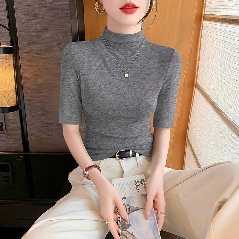 灰色半高领中袖T恤女2025新款春夏修身五分袖黑色螺纹打底上衣潮
