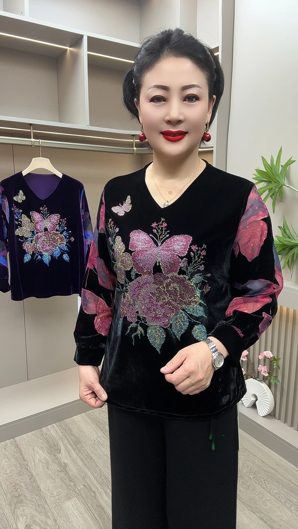 FY#678时尚洋气重工V领套头丝绒小衫，衣长65