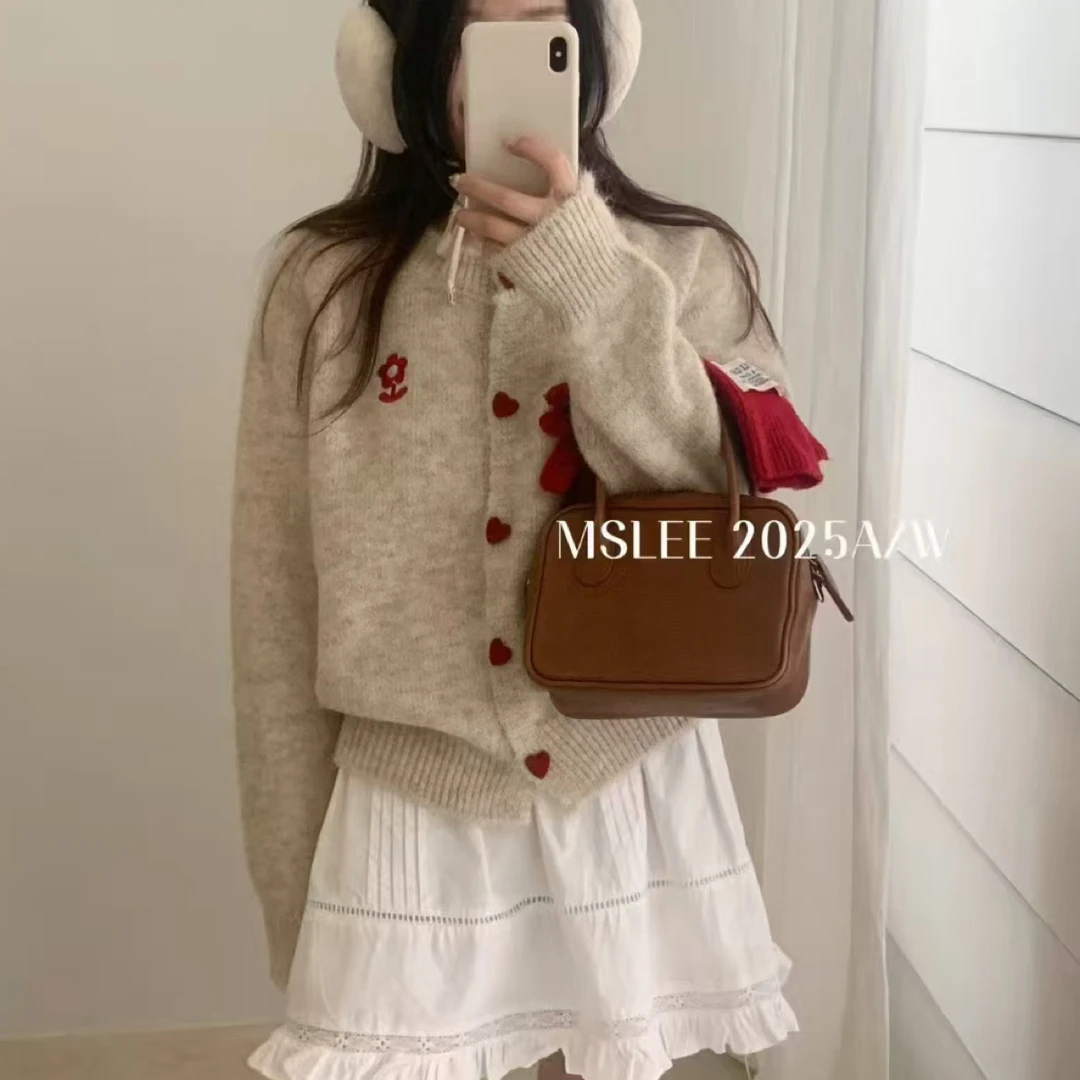 开衫款厚款针织毛衣圆领温柔刺绣短款复古上衣秋冬