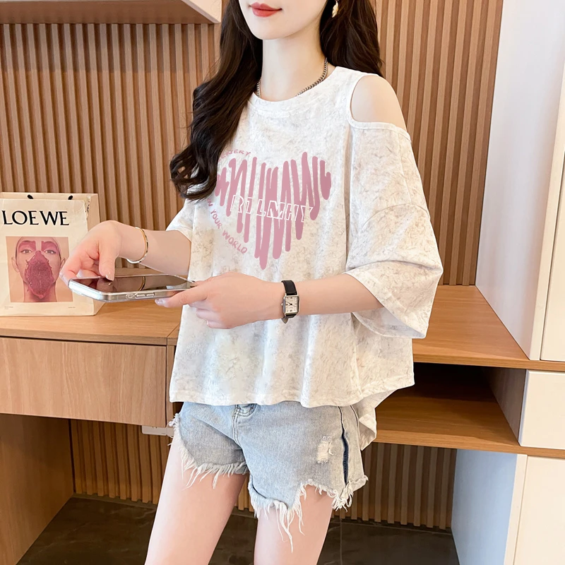 设计感不规则减龄露肩短袖T恤夏季韩版宽松时尚网红扎染短款上衣