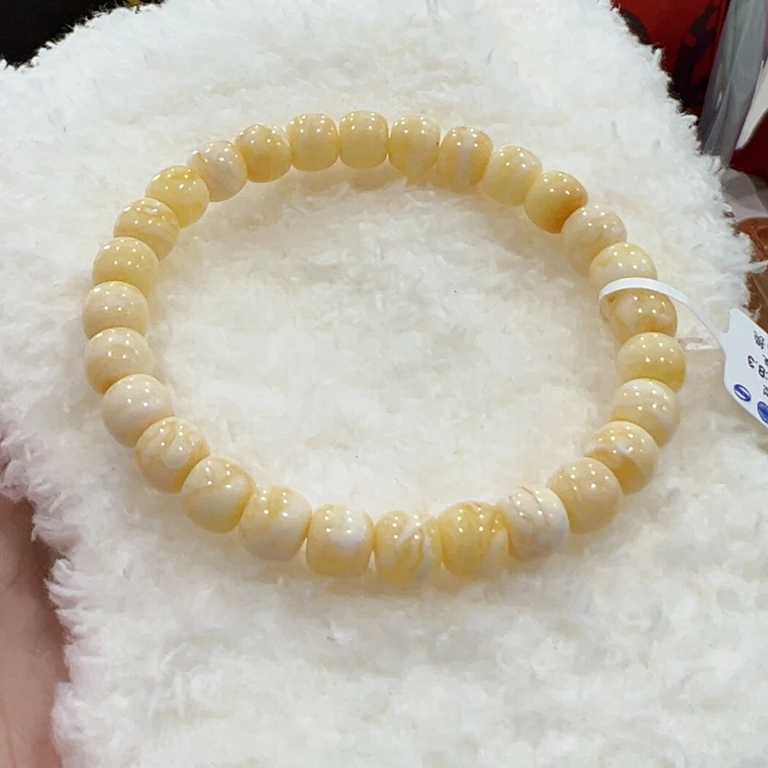 蜜蜡手链未镶嵌旧***?8m瓷白花老型瑕疵