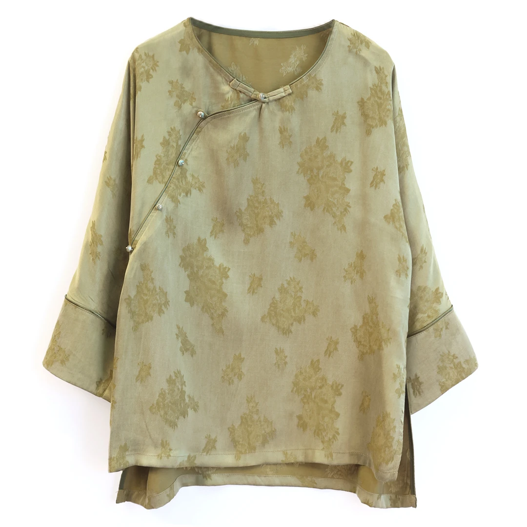 棉叙铜氨丝提花新中式改良衬衫女宽松显瘦圆领复古国风上衣15193
