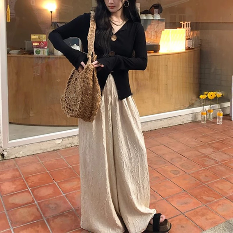 胖MM宽松遮肉2025早秋新款欧若风阔腿裤女手工乱褶显瘦阔腿拖地裤