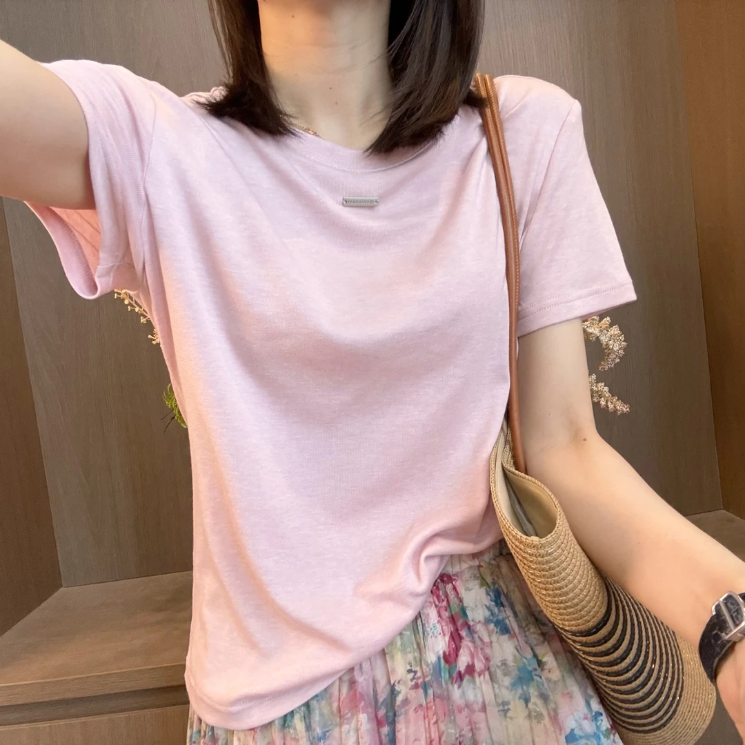 容容定制 显瘦夏季圆领纯色休闲百搭薄款简约韩版粉色T恤476