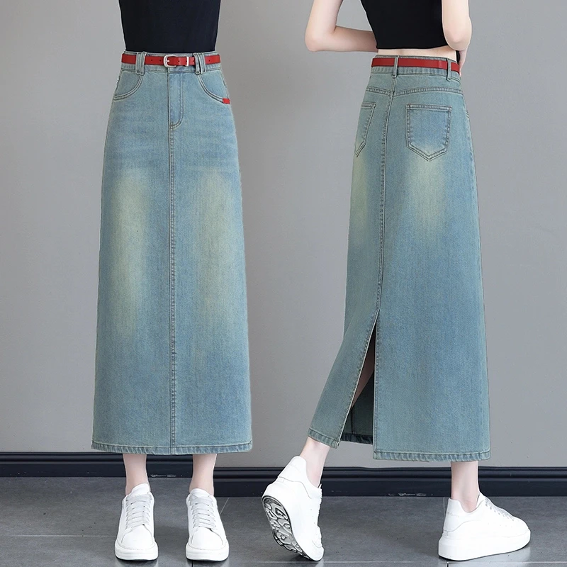 复古牛仔裙女春夏2024新款高腰中长款开叉半身一步a字长裙包臀裙