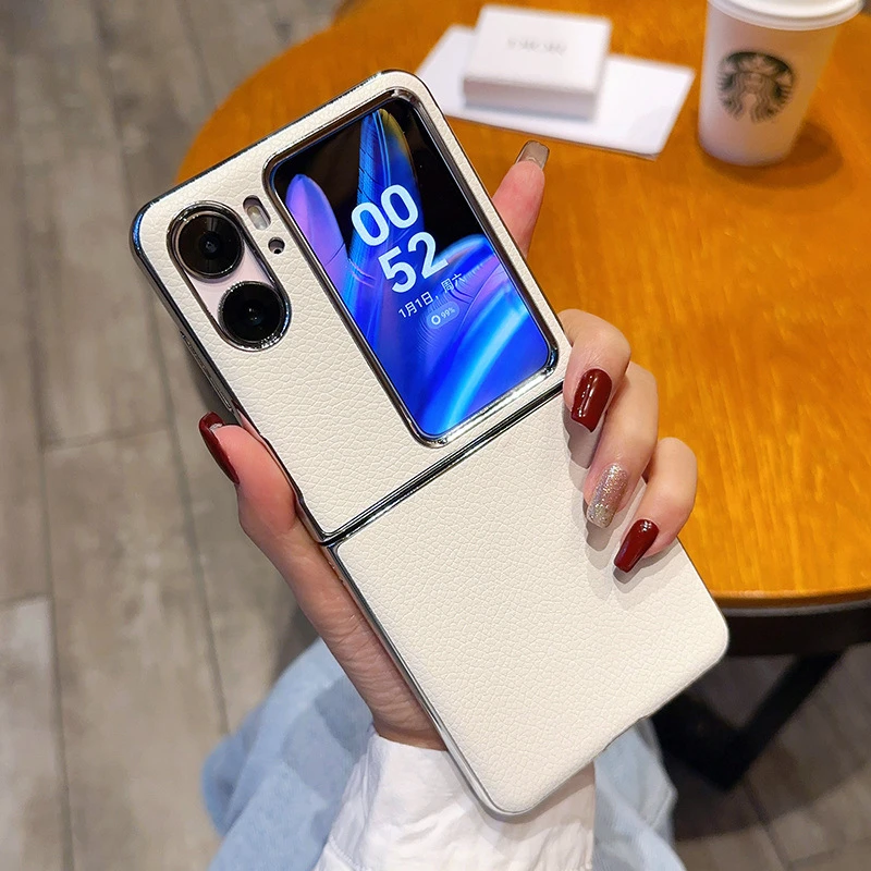 适用oppofindn2flip手机壳电镀高级银边FindN2Flip折叠素皮保护套