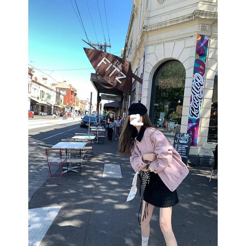 玫瑰茶渍 巴恩风两色拼接领外套女宽松廓形口袋显瘦上衣8025#