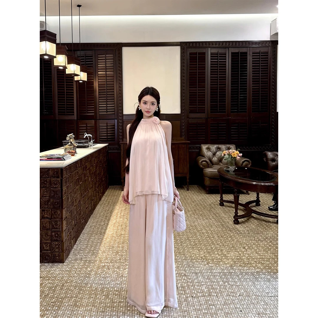 2025夏季爆款慵懒小个子套装女时尚休闲温柔上衣直筒阔腿裤两件套