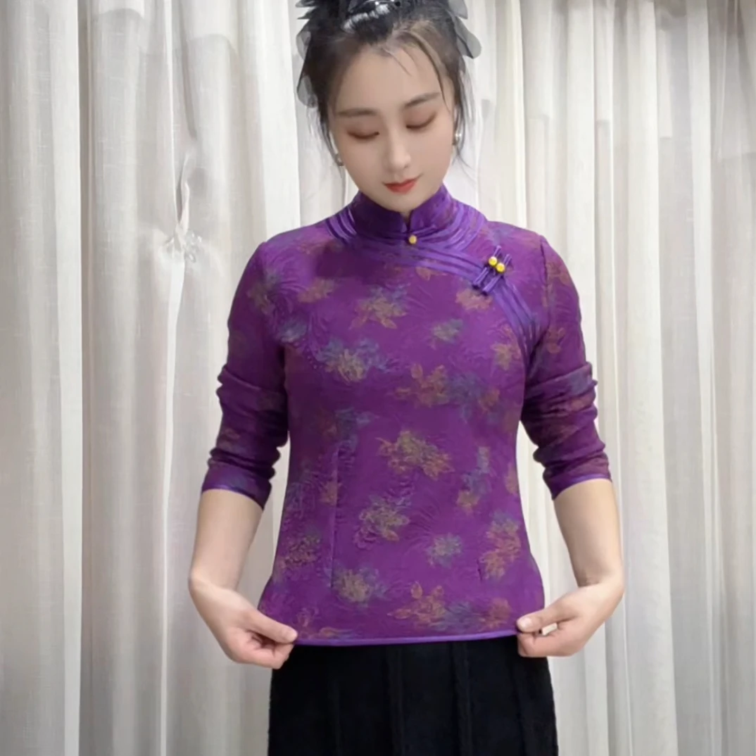 短旗袍低开衩长袖日常立领旗袍保暖复古冬款女士单件上衣紫色蓝色