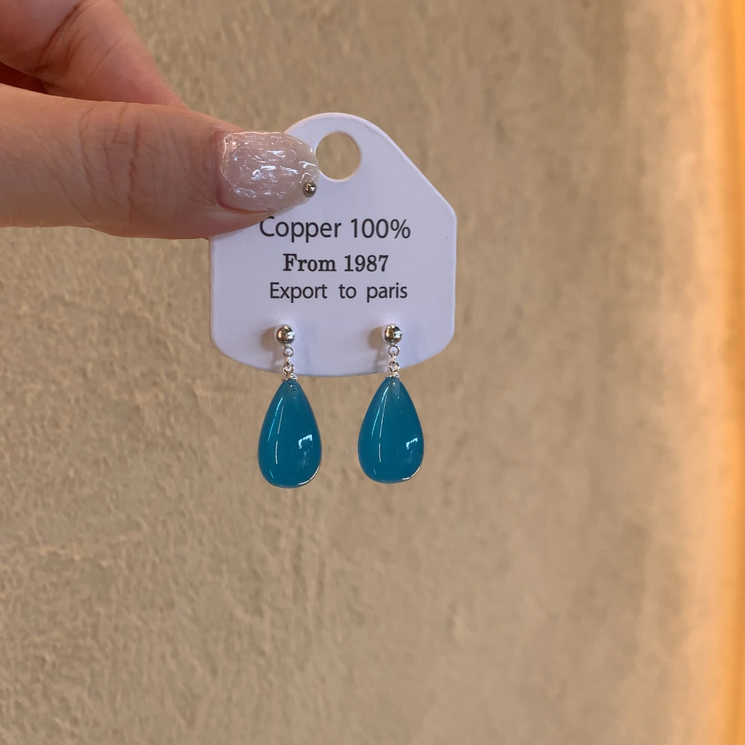 合金树脂耳饰 度假风精致蓝色透明水滴高级感复古耳环夏天耳钉女