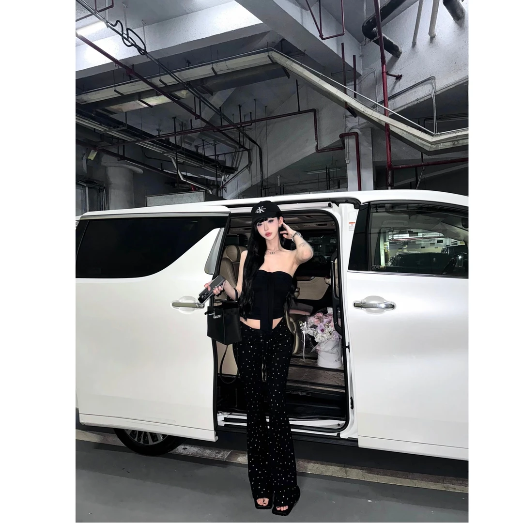 【RUI】现货 春季新款时尚黑色星星抽绳印花休闲裤显瘦微喇裤D0009