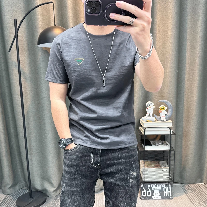 简约夏季新款短袖t恤男轻薄高端亚麻上衣天丝棉麻修身半袖体恤衫