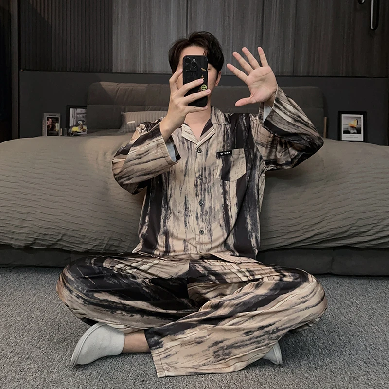 高级感长袖长裤冰雪丝男士睡衣春秋季开衫休闲大码家居服轻薄套装