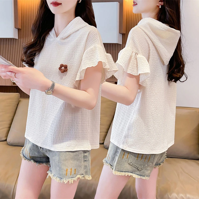 设计感小众连帽短袖t恤女2025新款夏季韩版宽松小个子荷叶边上衣