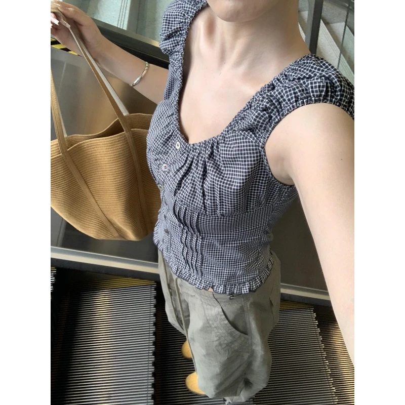 MARIE.COCO韩系格子方领短袖女夏季新款纽扣衬衫t恤时尚长裤套装