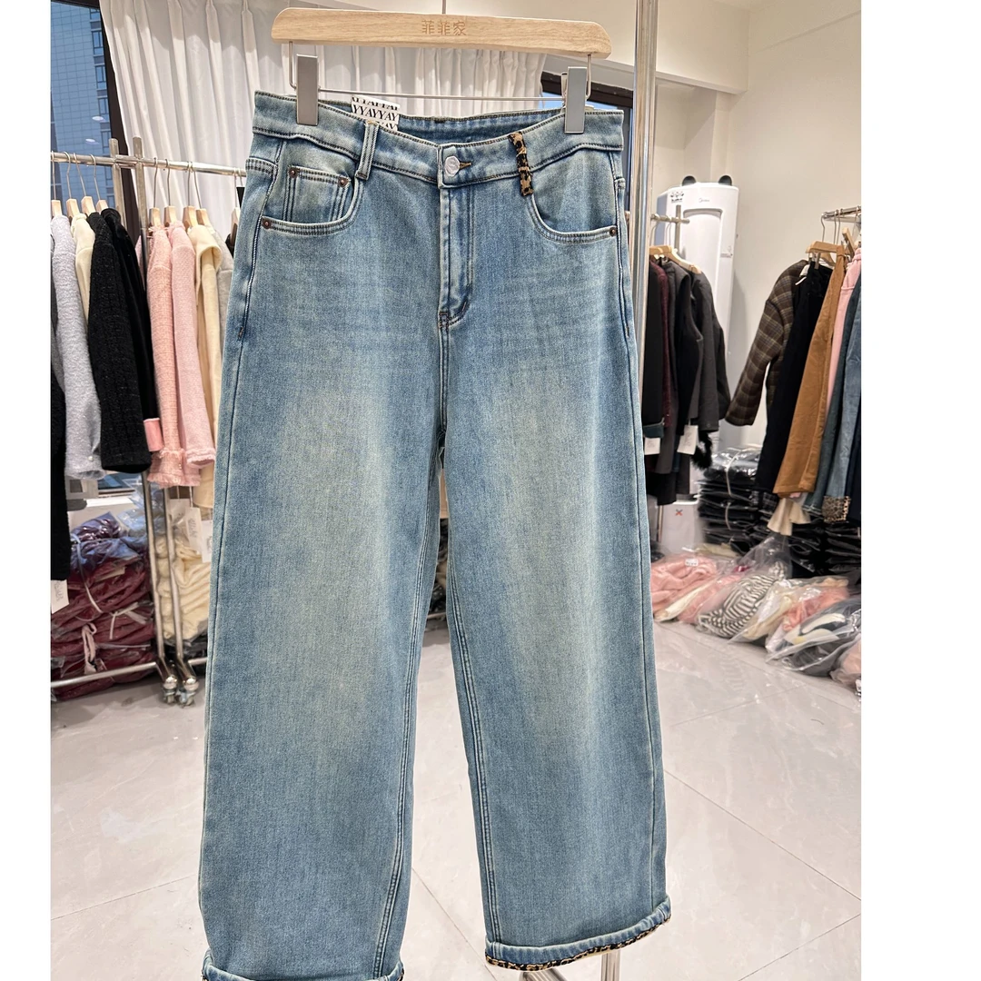 【菲菲家】YY新款加绒时尚阔腿浅色直筒牛仔裤91708