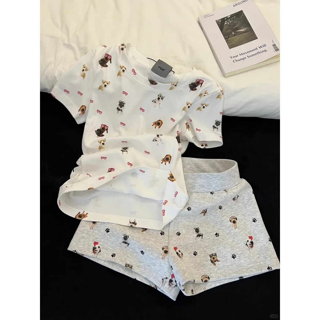 韩系卡通小狗印花睡衣套装女夏季新款休闲短袖短裤套装外穿家居服