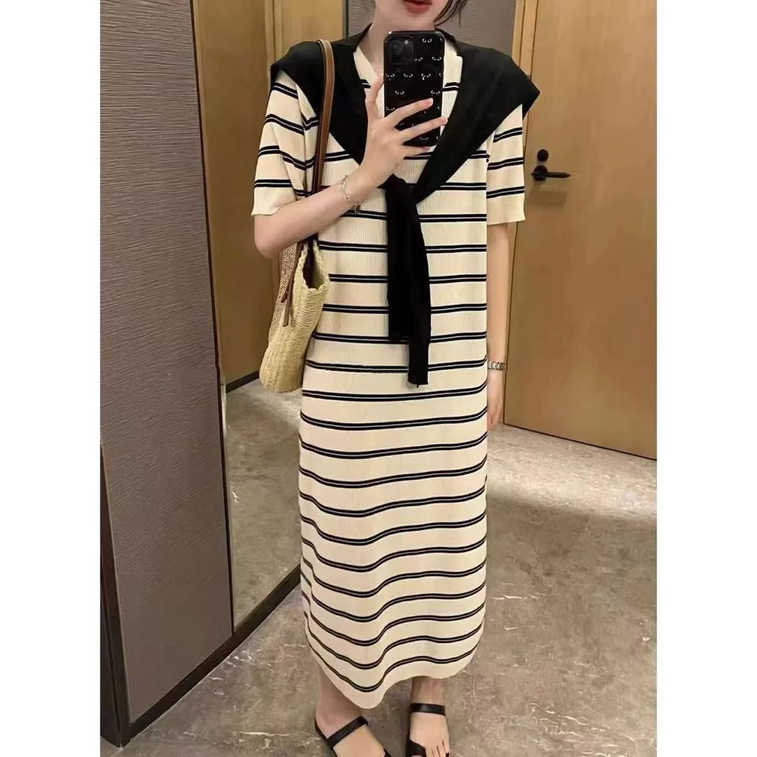 311韩版宽松条纹中长款短袖过膝连衣裙jj