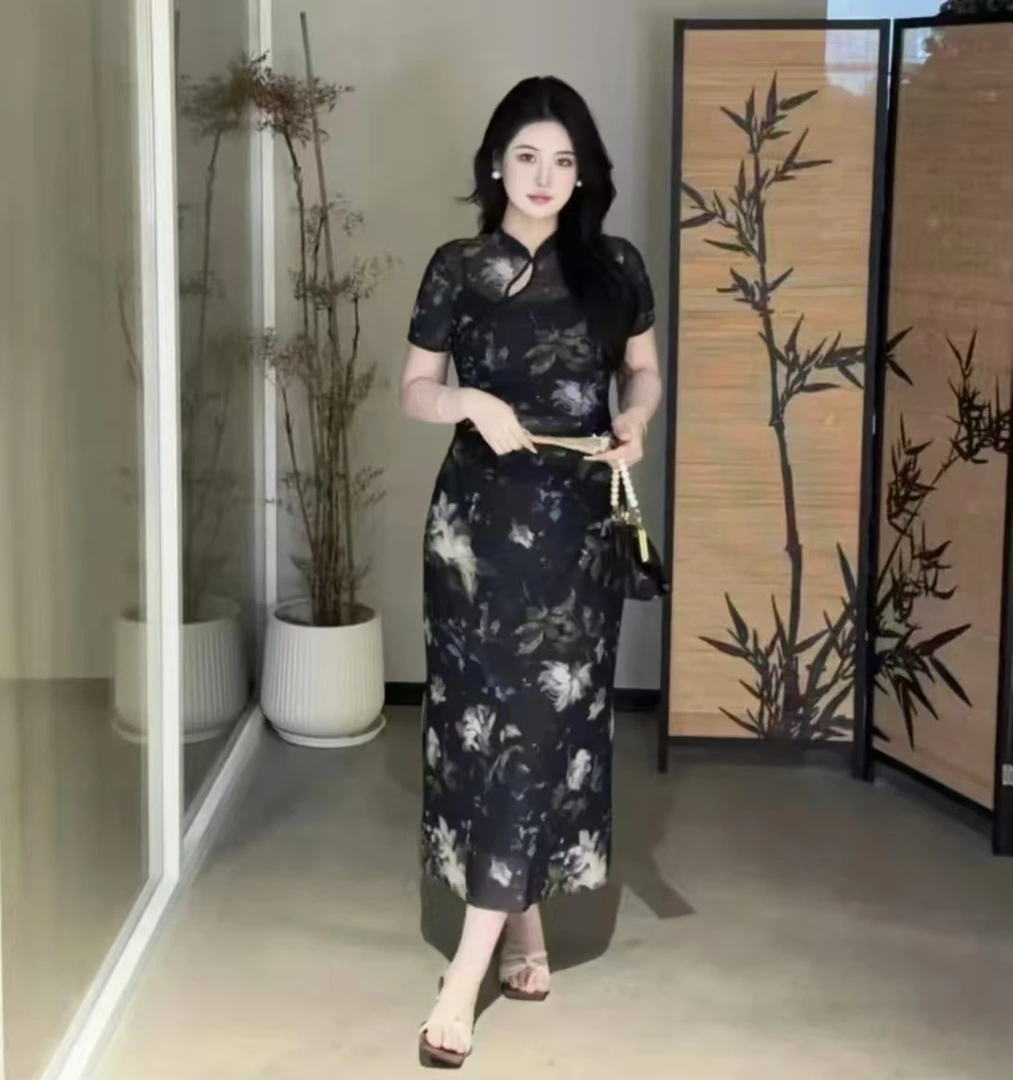 2025时尚新中式高级显瘦气质复古修身印花高级感碎花旗袍裙9119