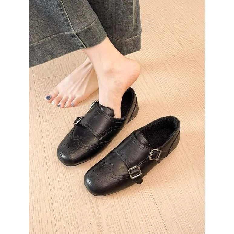 初构想牛皮版英伦风巴洛克雕花加绒小皮鞋女2026新款布洛克乐福鞋