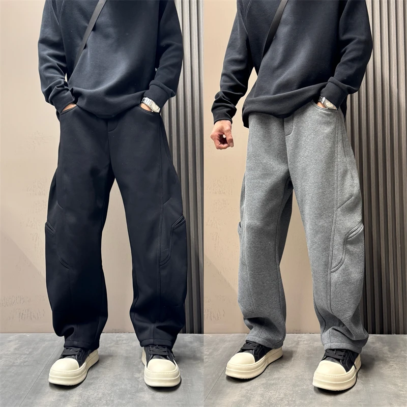 2025秋冬新款潮流高级感简约弯刀加绒加厚阔腿休闲裤男宽松长裤