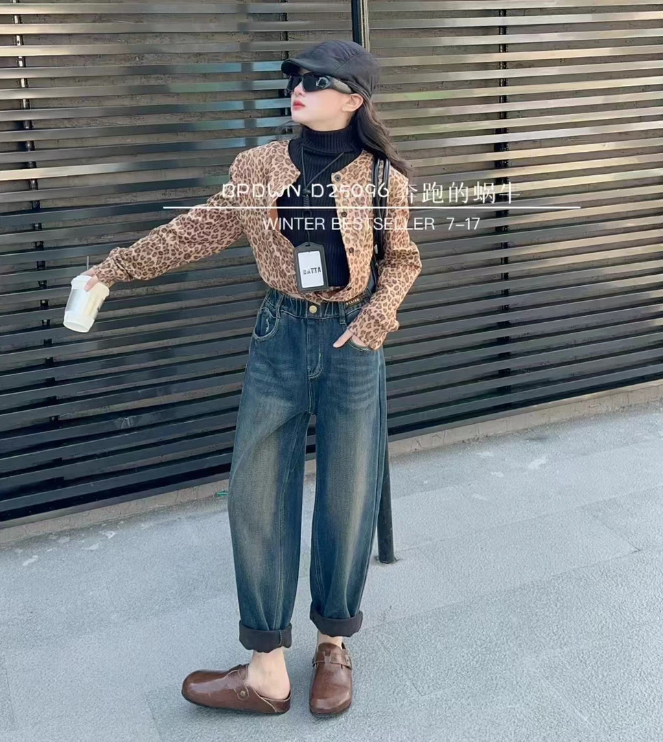 冬款加绒牛仔裤男女童裤子深蓝色一体绒萝卜裤年款裤子