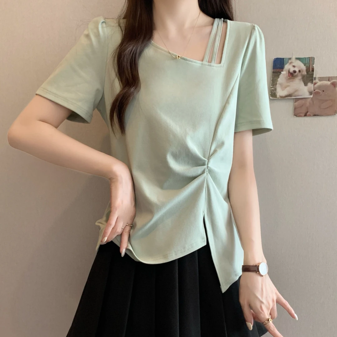 百搭减龄2025夏装新款不规则捏皱正肩短袖T恤设计感镂空斜领上衣