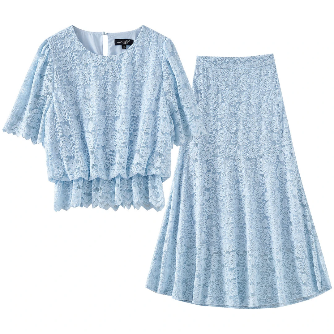 欧昵雪【粉丝专享】DQ835气质温柔镂空蕾丝衫半身裙套装