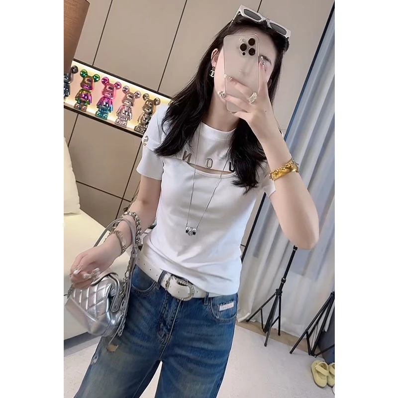 高品质心机镂空短袖2025夏季新款设计感正肩修身显瘦百搭洋气T恤