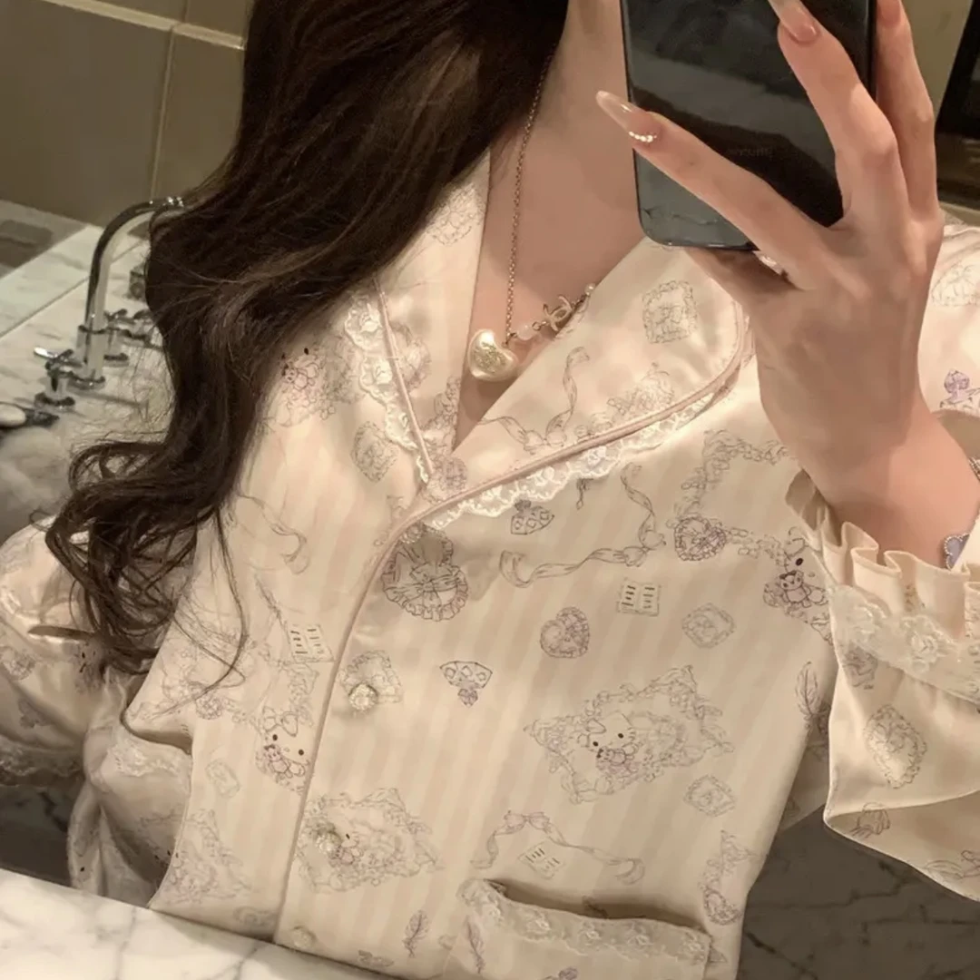 【纯欲Kitty】春款新款长袖可外穿简约家居服套装女纯欲蕾丝花边