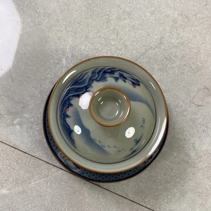 瓷摆件陶泥山水马蹄盖碗