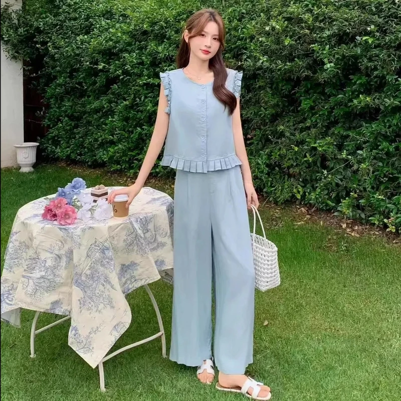 欧洲站2025夏洋气百搭圆领木耳边无袖马甲+阔腿裤两件套装女显瘦