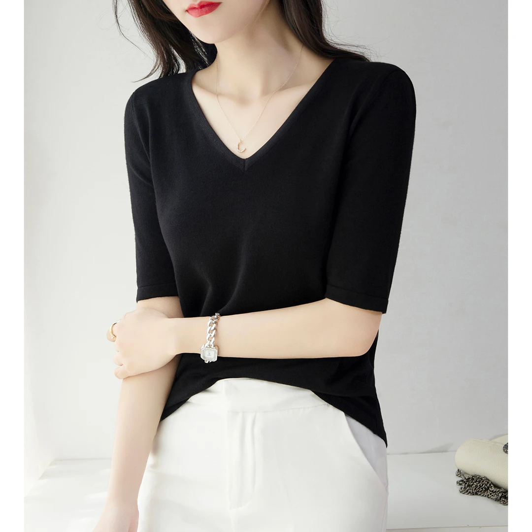 高级感V领黑色五分袖针织衫T恤女装2025夏季新款宽松显瘦打底上衣
