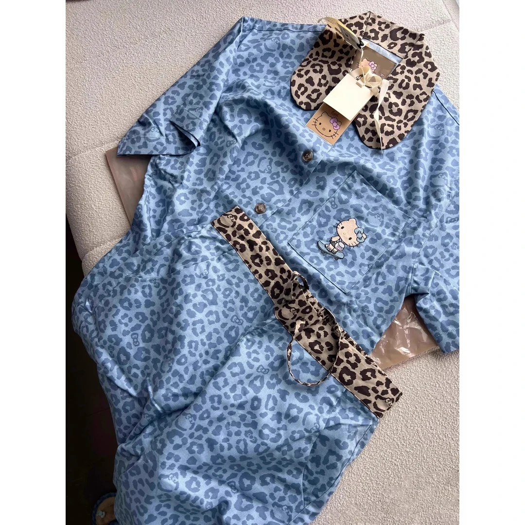 高级感Kitty豹纹冰丝短袖睡衣女夏季网红风大码家居服套装可外穿