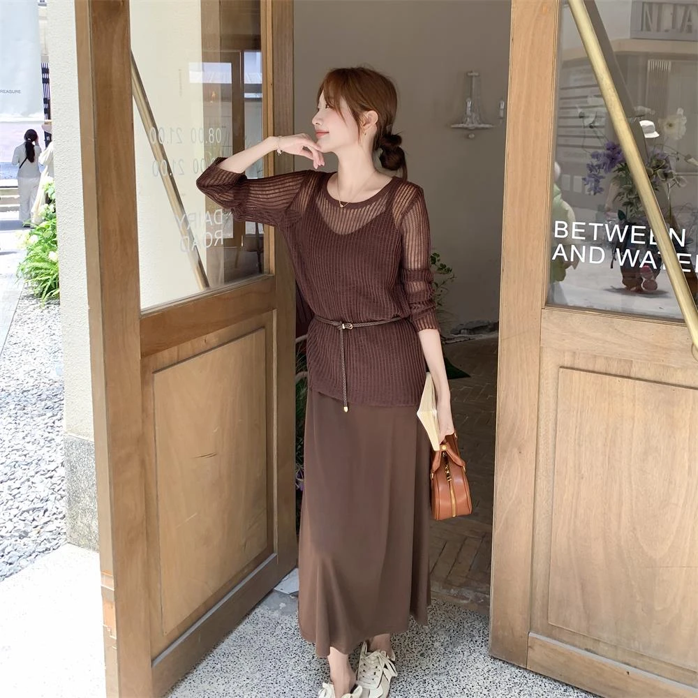 减龄咖色罩衫吊带两件式洋装女夏2025新款简单大方长裙流行爆款